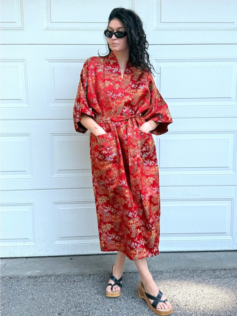 Vintage Red Floral Satin Kimono Wrap Belted  Robe